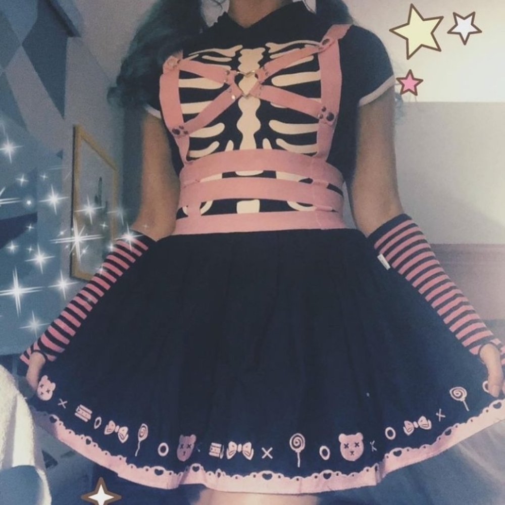 "Little For Big" Brand Overall Skirt Romper Bondage Kawaii Rave Anime Pink Black